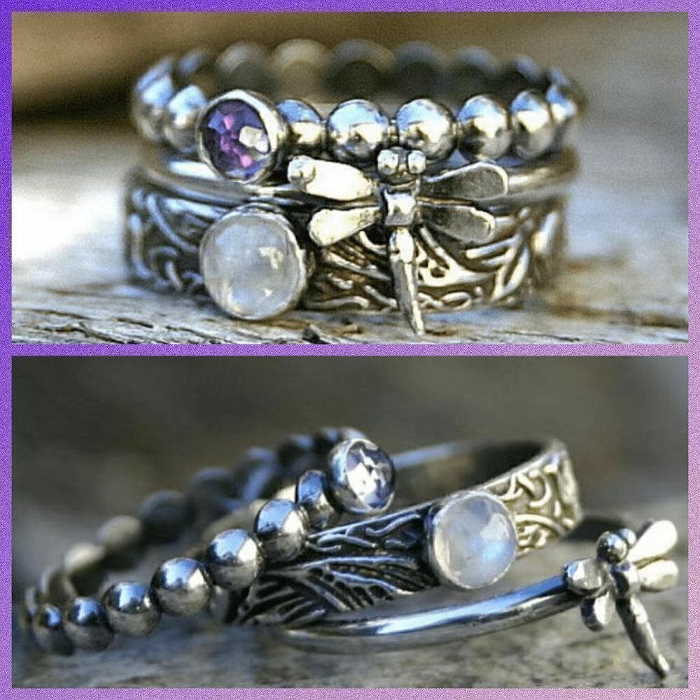 3 Layered Set Boho Dragonfly and Flower Stackable Ring #1119